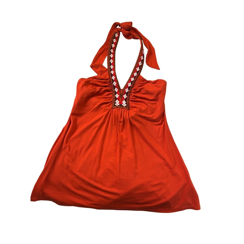 Y2K Le Chateau Womens Burnt Orange Embroidered Halter Top V-Neck Small Vintage